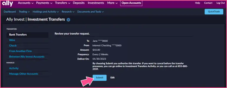 Arrow pointing to “submit” with “review your transfer request.”