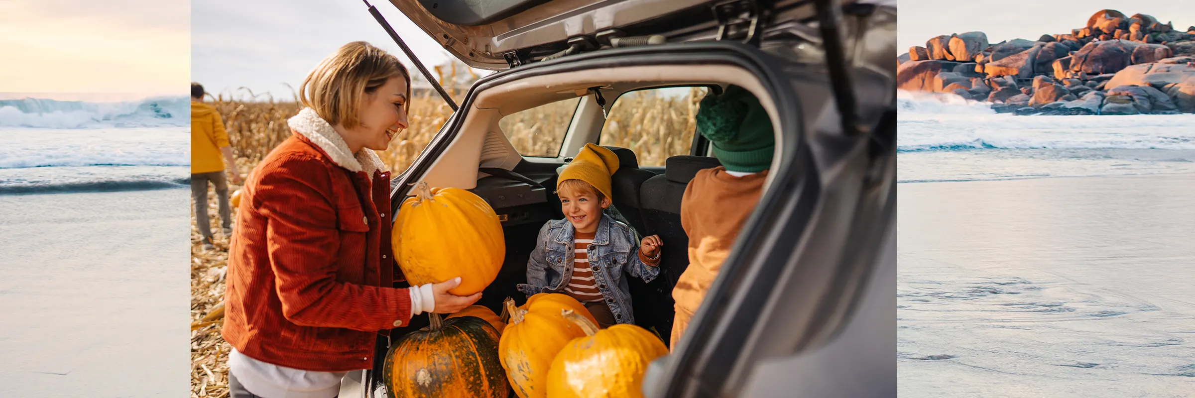 A mother and her two children loading pumpkins into the trunk of her vehicle.