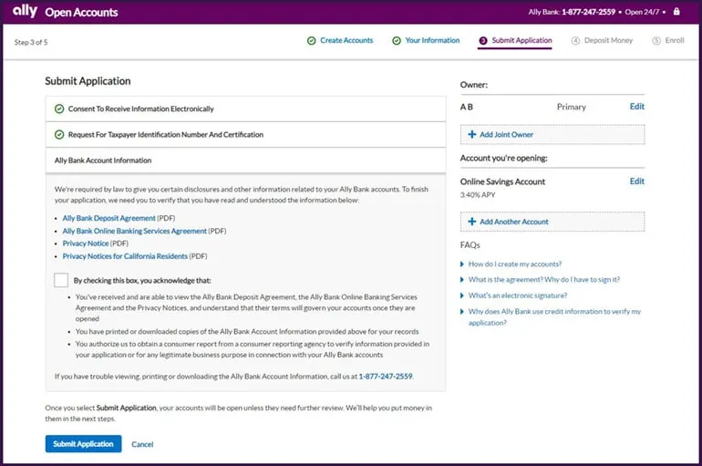 Image shows an Ally webpage of step 3 of 5 in opening an Ally Bank Online Savings Account. User is asked to verify that they have read and understood the Ally Bank Deposit Agreement, Ally Bank Online Banking Services Agreement, Privacy Notice and Privacy Notices for California Residents.