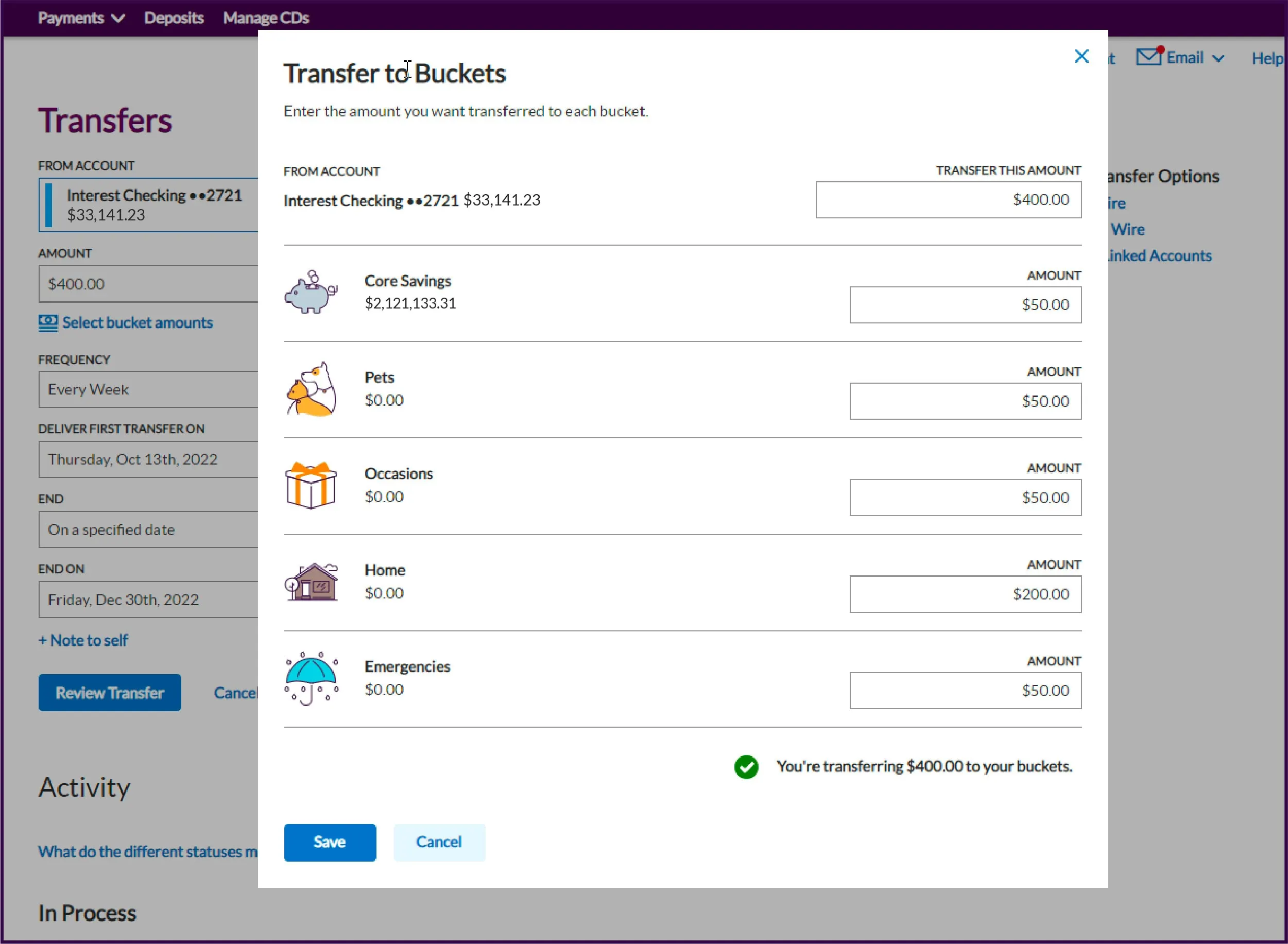 Screenshot of how to allocate certain amounts of money to different buckets. This example shows $50 to Core Savings, $50 to Pets, $50 to Occasions, $200 to Home, and $50 to Emergencies.