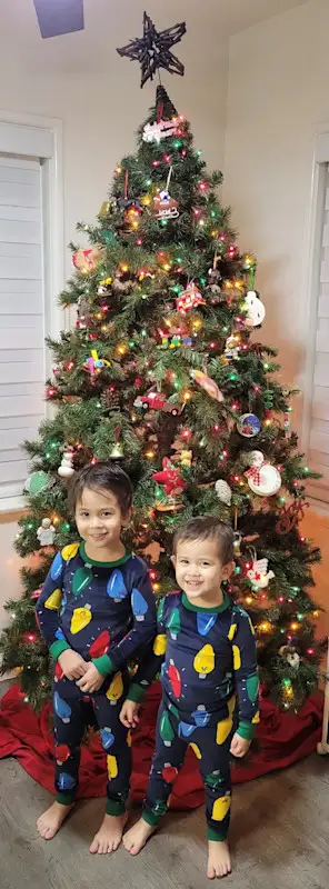 Medina's two children pose in front of their holiday tree