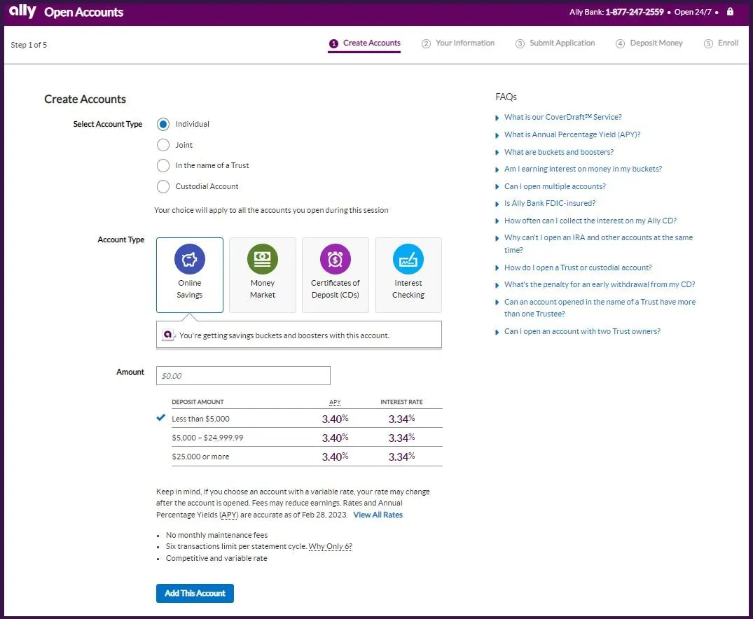 Image shows screen to create an Ally Bank Online Savings Account. Customer is asked to select the account type they want to open and input how much they want to deposit into the account.