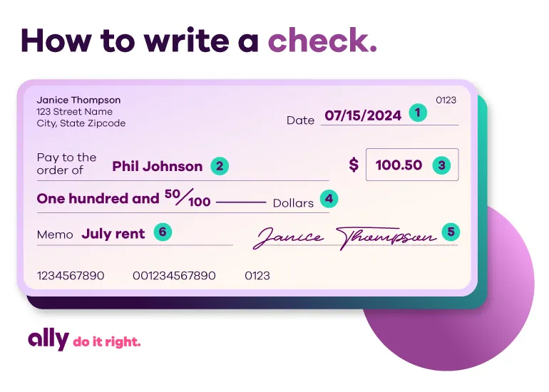 Graphic heading, “How to write a check.” Image shows an example of a check with the information filled in.