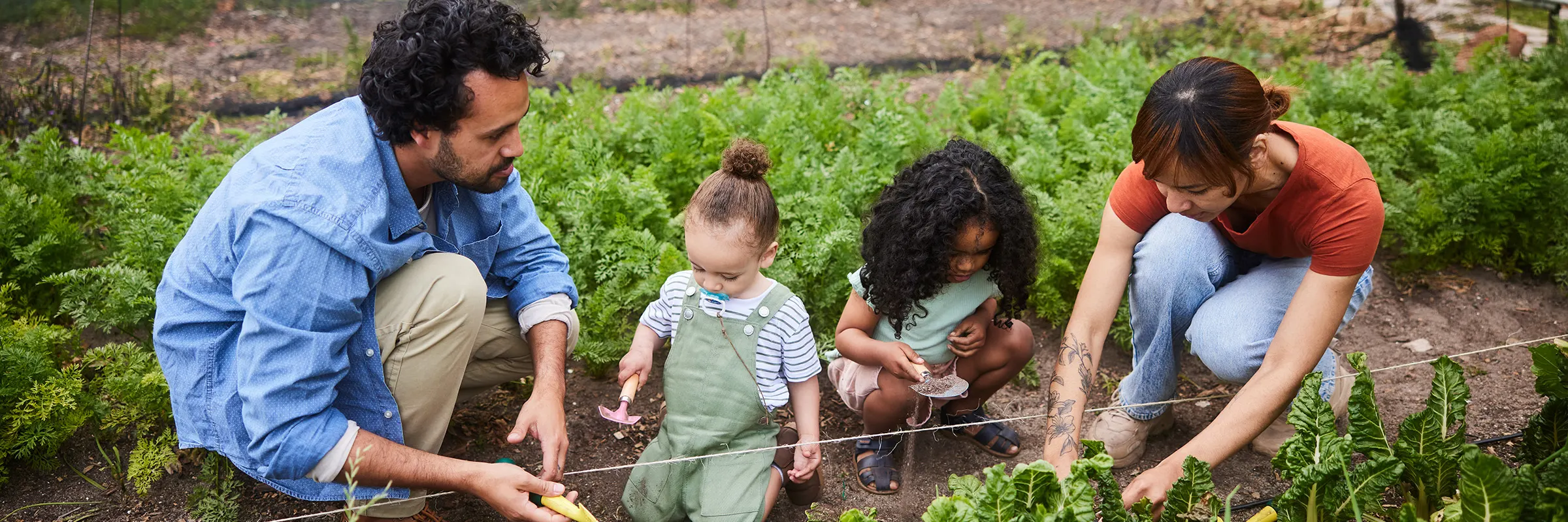 Two young children kneel in a garden with a man and woman on either side of them while they all dig and tend to plants. 