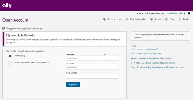 Screenshot of the webpage to apply to an Ally Invest Robo Portfolio.