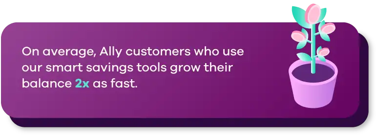 Purple graphic with the text, "On average, Ally customers who use our smart savings tools grow their balance 2x as fast."