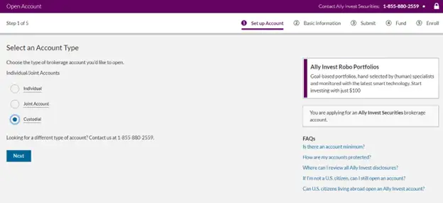 Screenshot of the webpage to select the type of Ally Invest brokerage account to open. A custodial account is selected in this example.