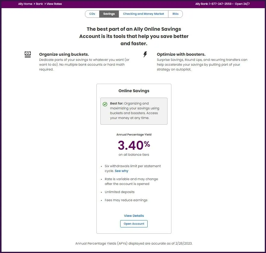 Image shows the webpage to open an Ally Online Savings Account with an Annual Percentage Yield (APY) of 3.40% that was accurate as of 2/28/2023.