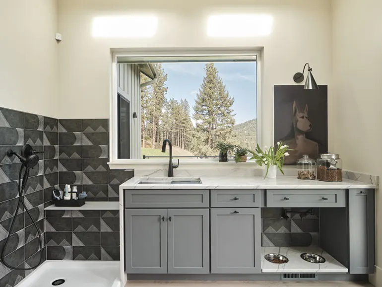 Photo shows a sink with cabinets underneath, two bowls for pets under a counter and a shower space for pets.