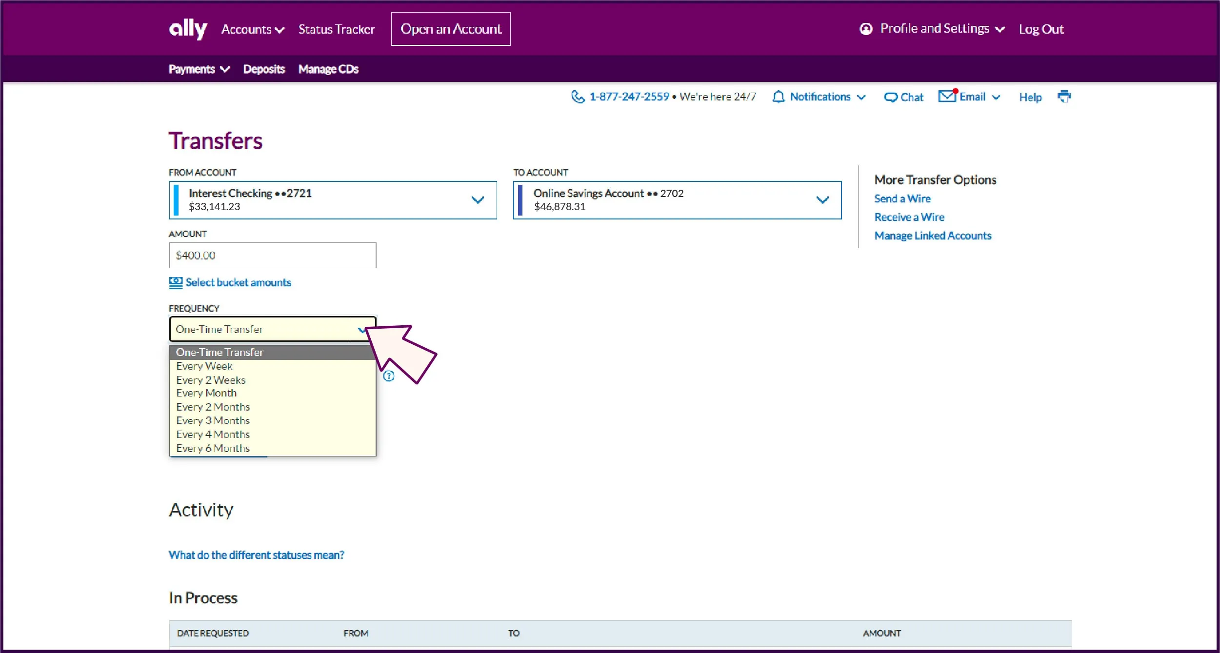 Screenshot of Ally Transfers interface. User is transferring from their Interest Checking Account (balance $33,141.23) to their Online Savings Account (balance $46,878.31). Cursor is hovering over the Frequency to set the transfer frequency.