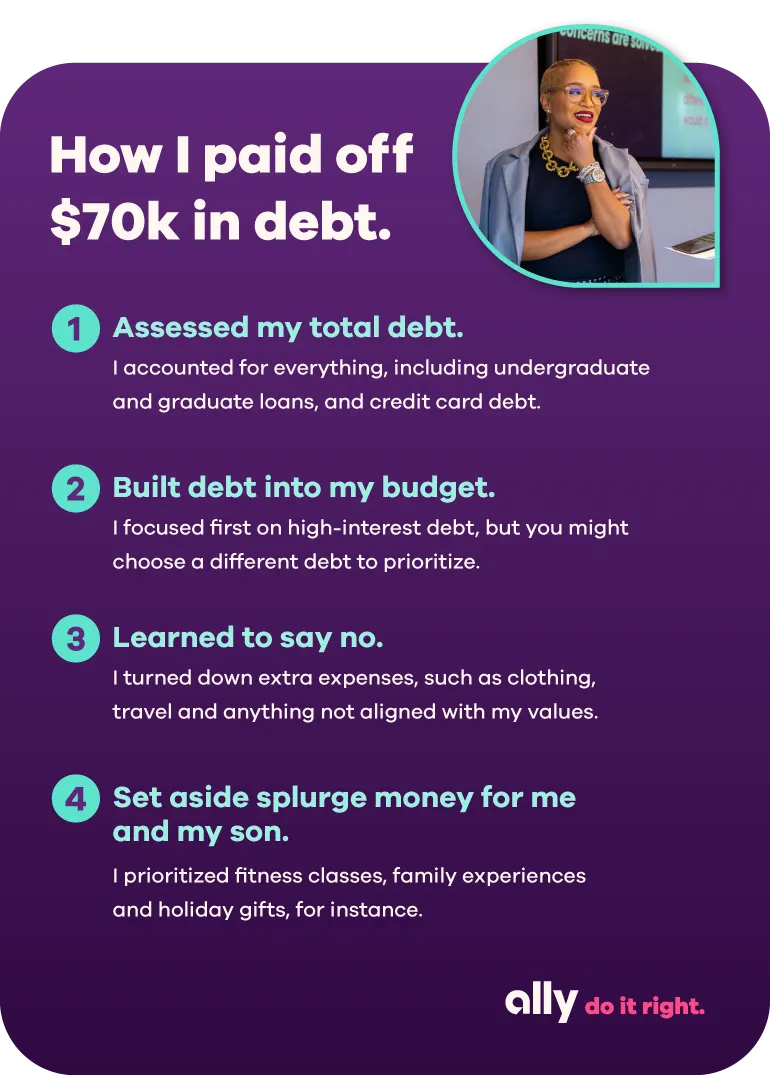 How I paid off $70k in debt. Step 1: Assessed my total debt. I accounted for everything, including undergraduate and graduate loans, and credit card debt. Step 2: Built debt into my budget. I focused on high-interest debt, but you might choose a different debt to prioritize. Step 3: Learned to say no. I turned down extra expenses, such as clothing, travel and anything not aligned with my values. Step 4: Set aside splurge money for me and my son. I prioritized fitness classes, family experiences and holiday gifts, for instance. Photo of Jack Howard, Ally’s Head of Money Wellness in the top right and Ally Do It Right logo in the bottom right.