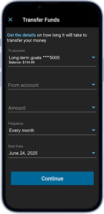 Mobile screenshot showing the transfer screen within the Ally Invest transfer process. There are fields for the to account, the from account, the amount, the frequency, and the start date, followed by a continue button.