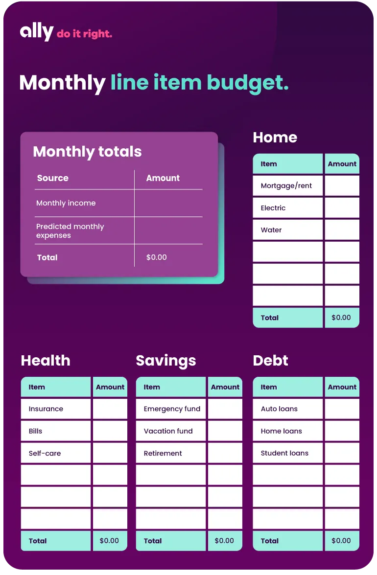 A purple graphic that outlines how line-item budgeting works. The upper left portion has a chart for Monthly totals, which include your monthly income as well as your predicted monthly expenses. There are four other charts titled Home, Health, Savings and Debt. Each chart contains rows to add your monthly expenses for each category. 