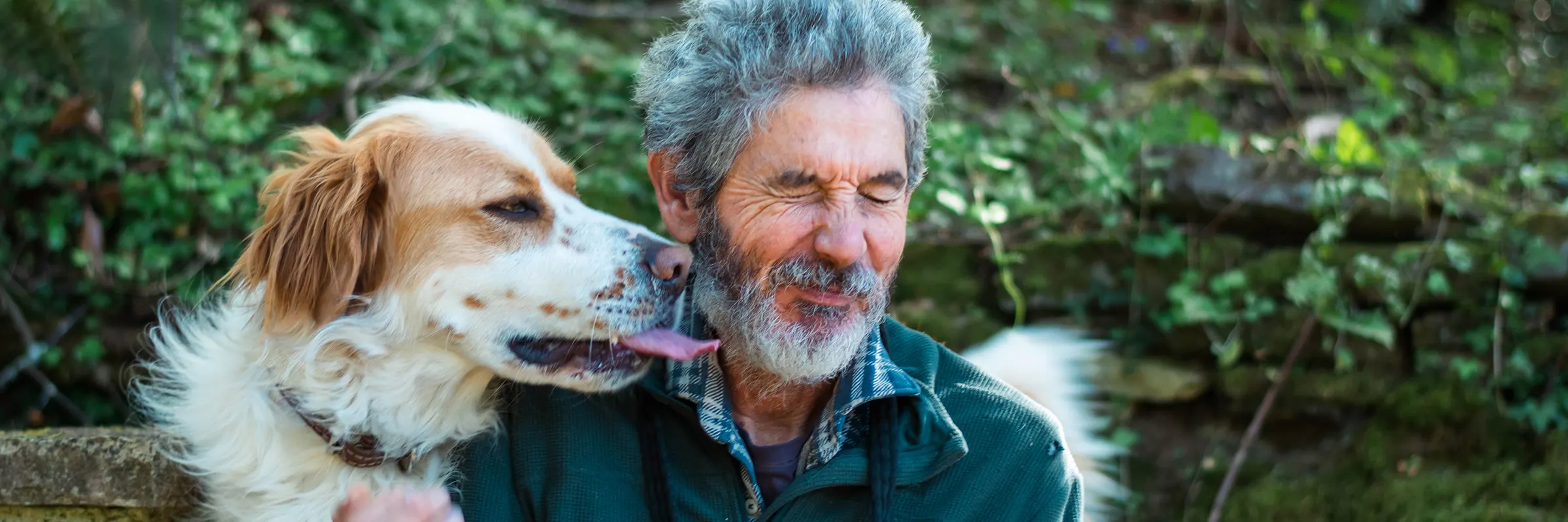 A person closes their eyes as a dog licks their face
