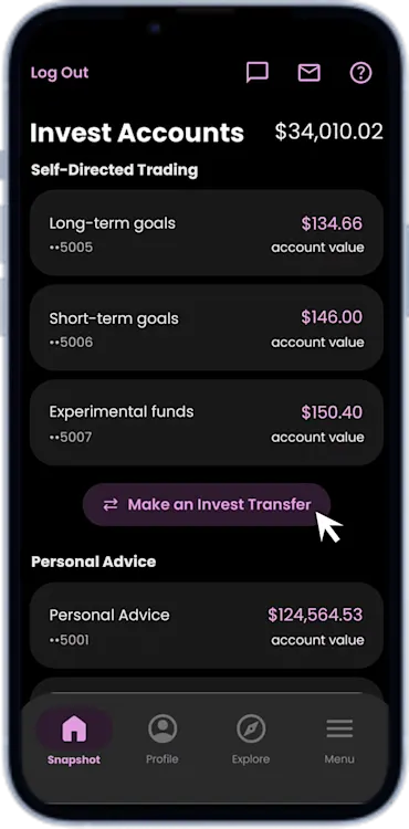 Mobile screenshot showing an Ally Invest customer dashboard. There are three accounts listed under self-directed accounts, and under those, there is a button labeled make an invest transfer.