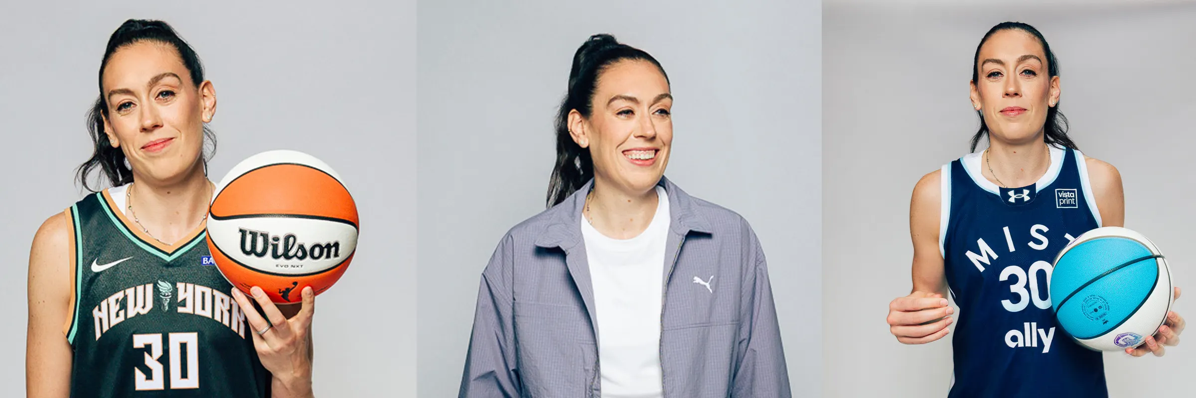  Collage of images featuring Breanna Stewart holding and dribbling a basketball. 