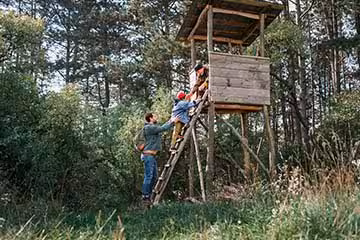 Three generations of men are in the woods, climbing up a ladder to a wooden hunting tower.
