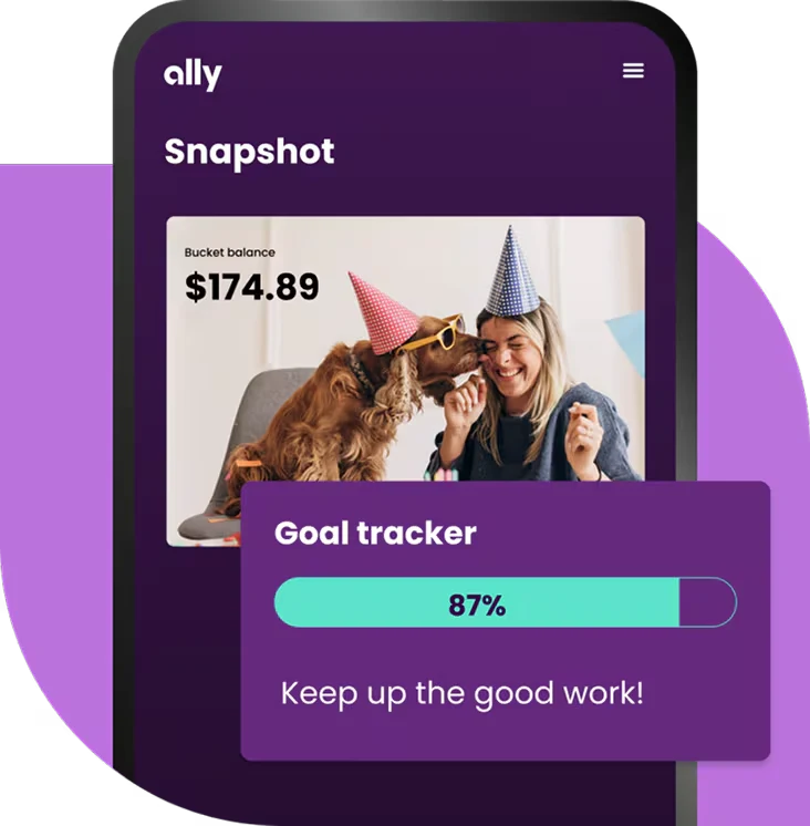 A phone screen depicting a dog in a birthday hat and a savings goal tracker that’s 87% full