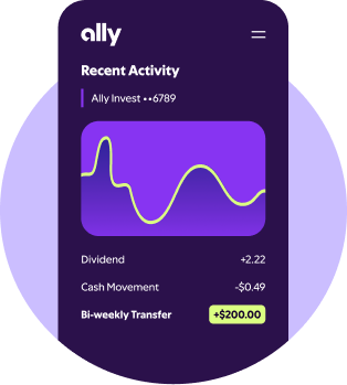 Mobile investing dashboard showing account activity, a line chart representing investment performance, and a list of recent transactions with credits and debits.
