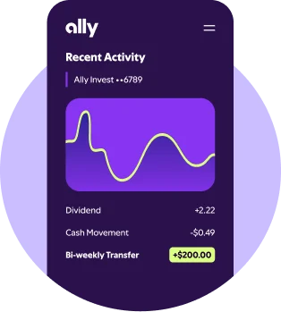 Mobile investing dashboard showing account activity, a line chart representing investment performance, and a list of recent transactions with credits and debits.