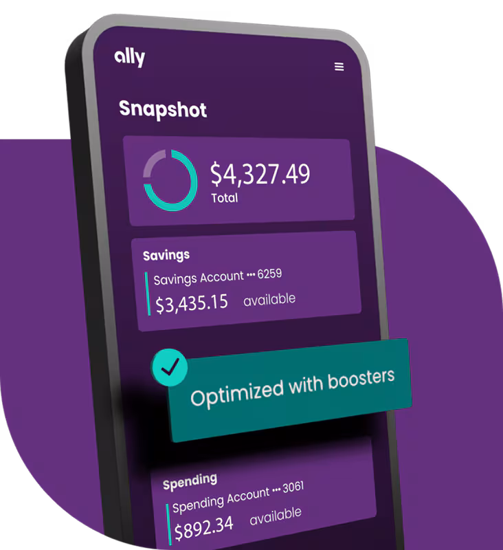 A phone screen depicting a user’s account snapshot, with the text “optimized with boosters"