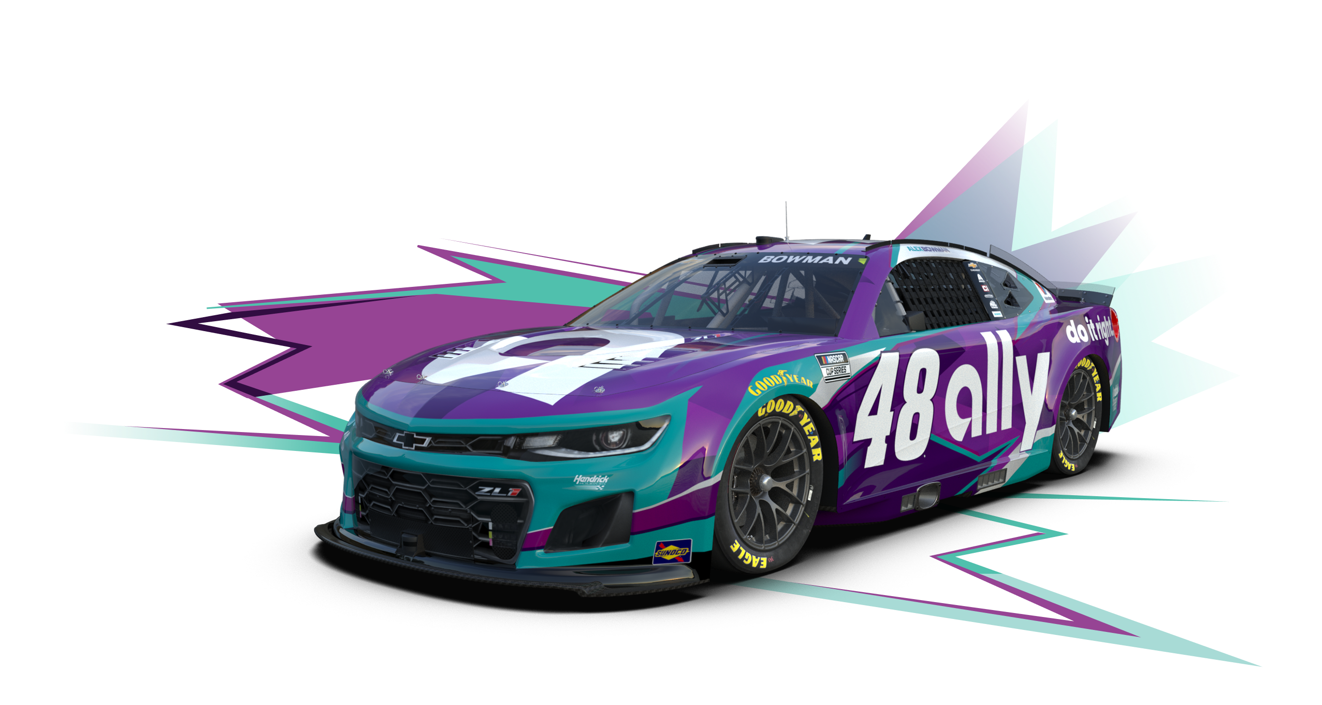 The purple and green printed Ally 48 race car.