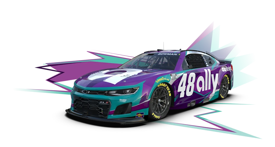The purple and green printed Ally 48 race car.