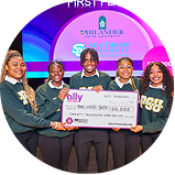 a smiling group of students from Philander Smith College displaying an Ally donation.