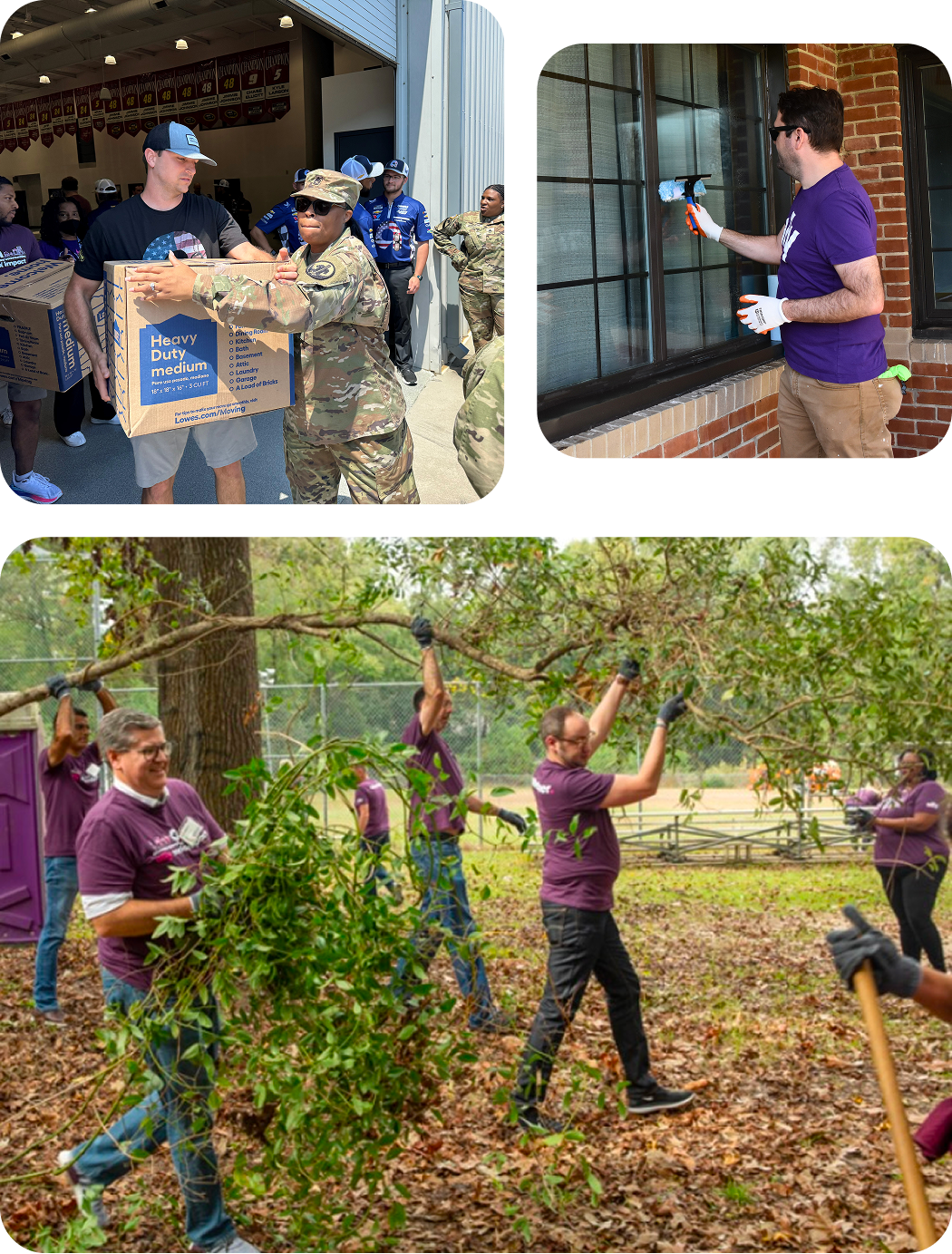 Ally veterans moving boxes at a volunteer event. An Ally employee cleaning a window. A group of Ally employees lifting tree branches and picking up leaves.