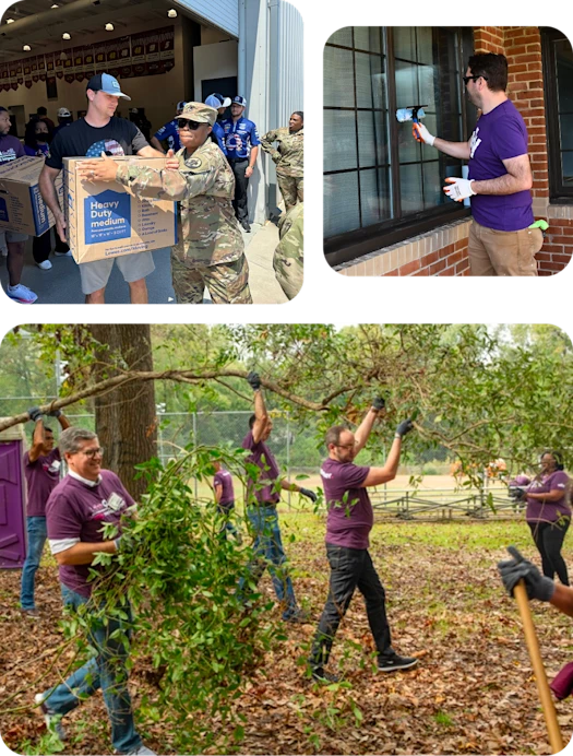 Ally veterans moving boxes at a volunteer event. An Ally employee cleaning a window. A group of Ally employees lifting tree branches and picking up leaves.