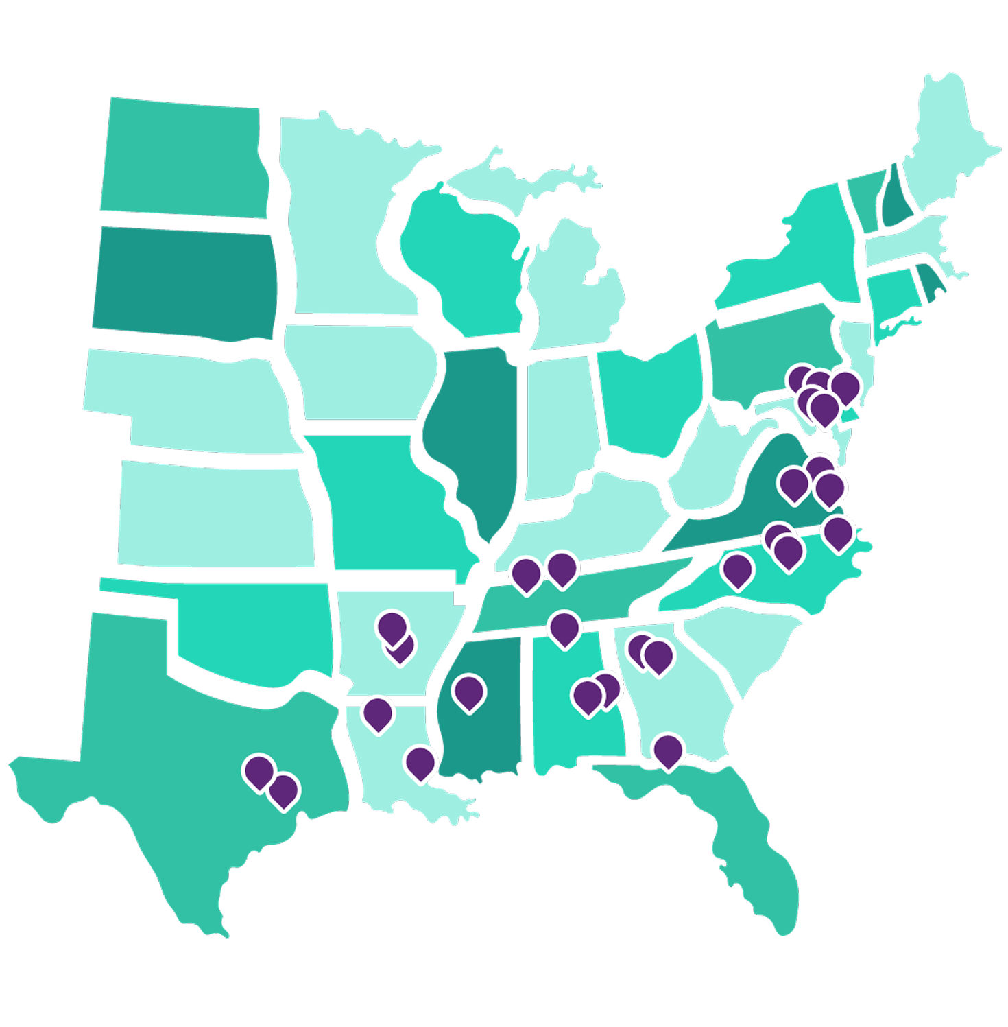 Colorful map with pins of all current participating HBCUs.