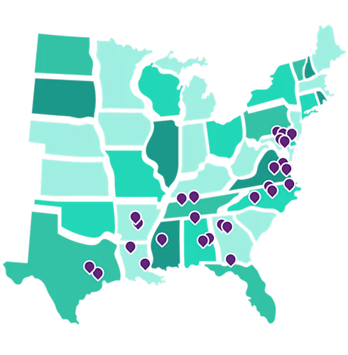 Colorful map with pins of all current participating HBCUs.