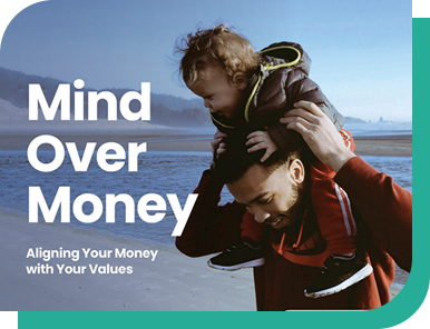 Cover of the Ally Money Skills Mind Over Money workshop guide, showing a parent carrying a child on their shoulders at the beach