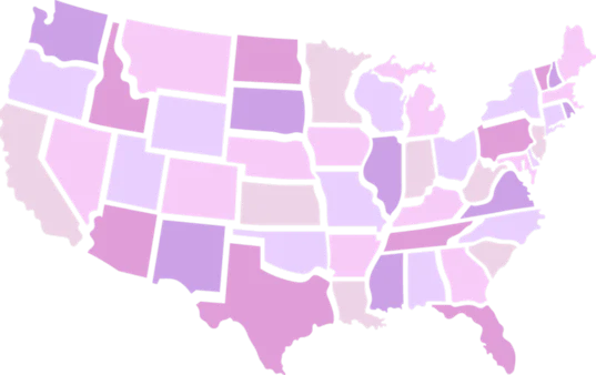 A map with different shades of purple and pink.