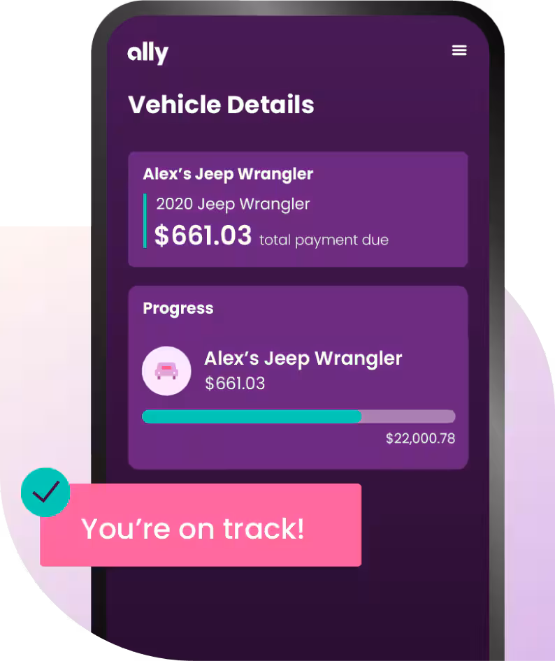 a mobile phone showing a vehicle payment due and how much progress has been made toward paying it off.