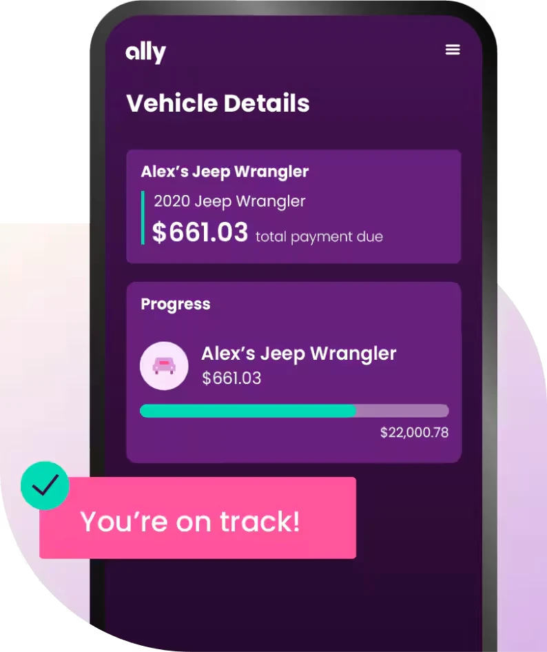 a mobile phone showing a vehicle payment due and how much progress has been made toward paying it off.