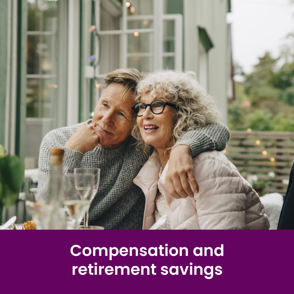 an older man with his arm around an older woman sitting outside at a table on a restaurant patio