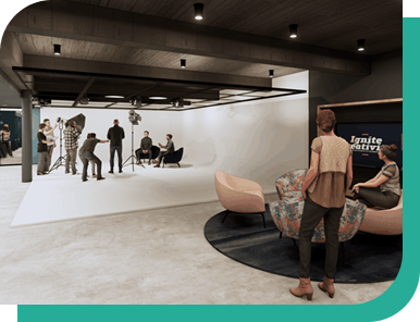 Interior rendering of the Ally Ignite Center with a photo studio, lounge seating, and creative workspace