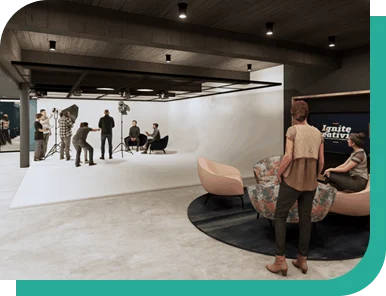 Interior rendering of the Ally Ignite Center with a photo studio, lounge seating, and creative workspace