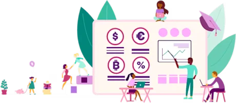 A diverse community of people learning about finances.