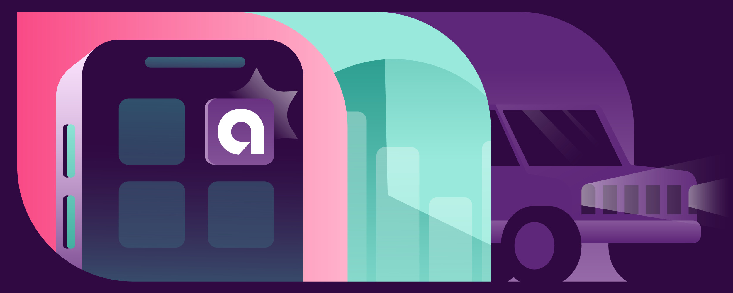 Header image that abstractly shows mobile engagement being reimagined through the use of a mobile device, application features, and a car, highlighting the ability to access key information from anywhere.