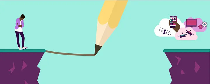 Illustration: Two dark purple cliffs are separated by a wide chasm on a mint green background. A person stands on one cliff looking downward while multicolored digital icons and graduation caps and diplomas hover above the other cliff. A pencil draws a line from one cliff to the other, quite literally bridging the digital divide at Ally.