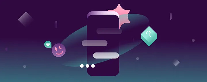 Illustration: A dark purple mobile phone screen has silhouettes of text messages on the screen. Multicolored icons orbit around the phone as a nod toward Ally's foray into generative artificial intelligence, or AI.