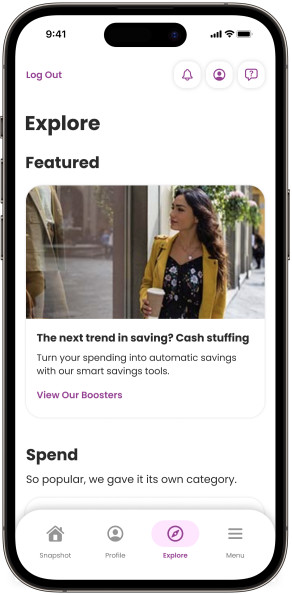 A sample image of the "Explore" feature in Ally's mobile application, highlighting articles to educate on financial wellness opportunities. 